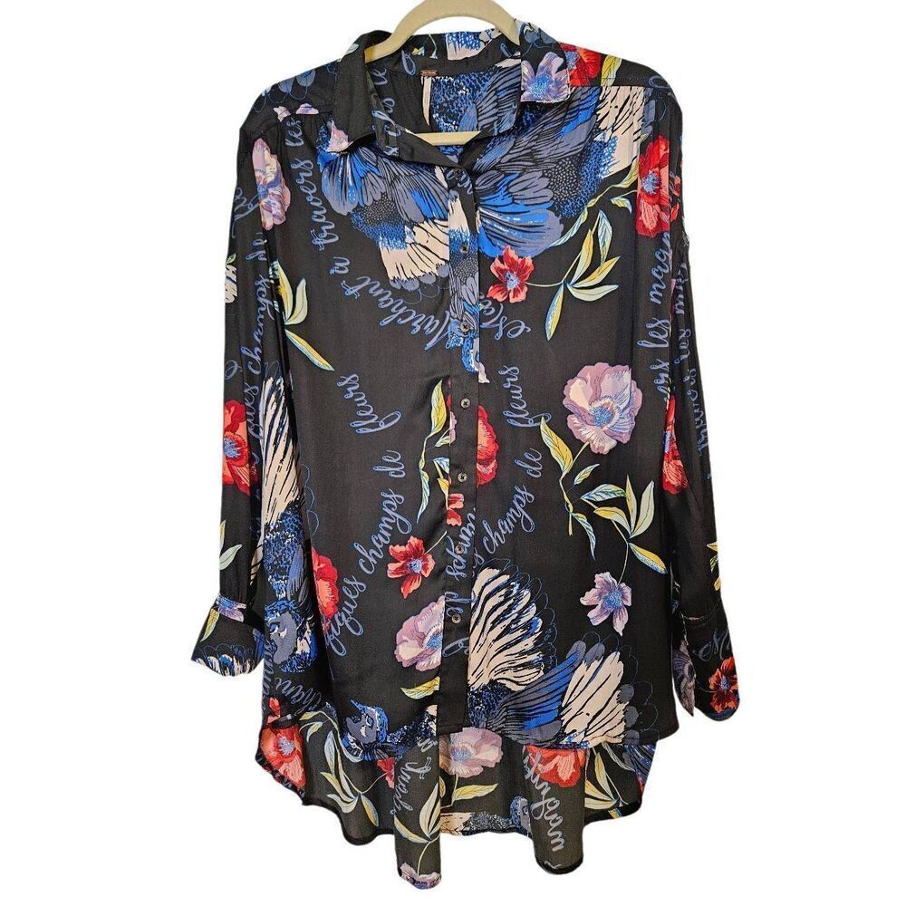 Free People Black Floral Button Down Blouse